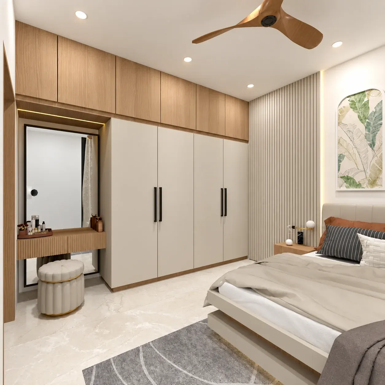 Architectural bedroom render with a fitted wardrobe, vanity and timber-toned ceiling fan.