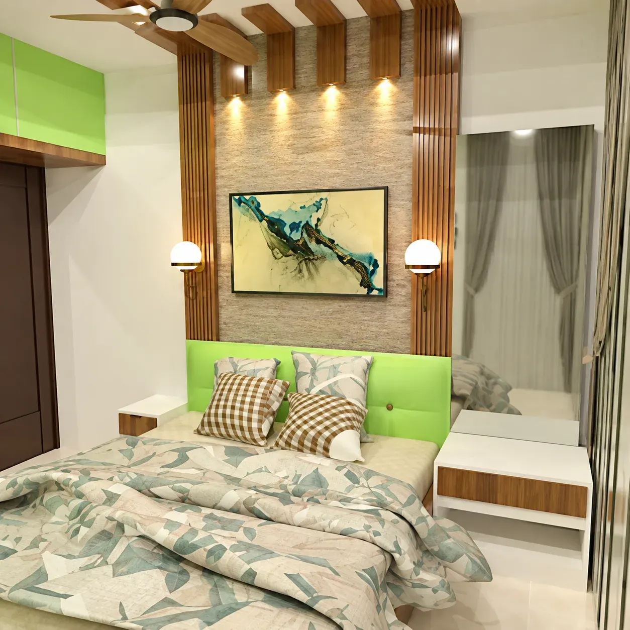 Bedroom design visual with a green headboard, artwork and bedside lamps.