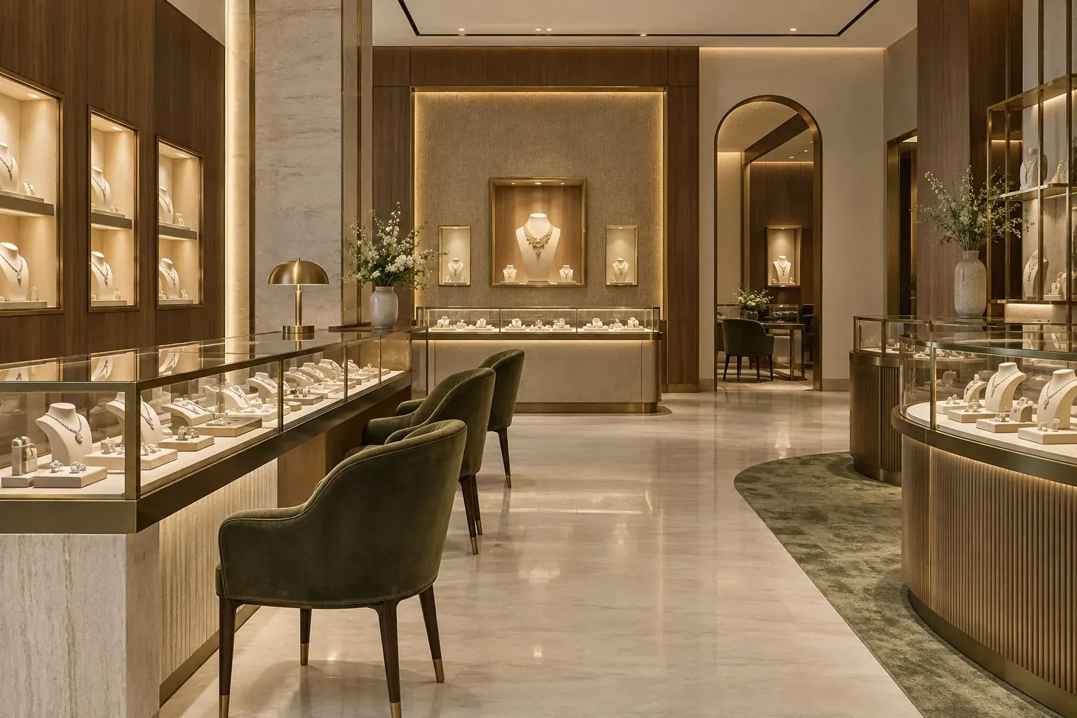 Concept jewellery boutique with glass counters and gold display lighting.