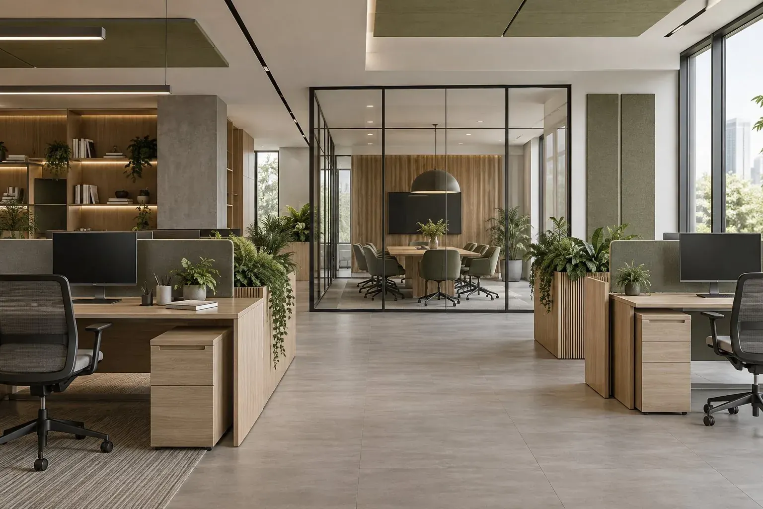 Concept office with timber desks and glazed meeting rooms.